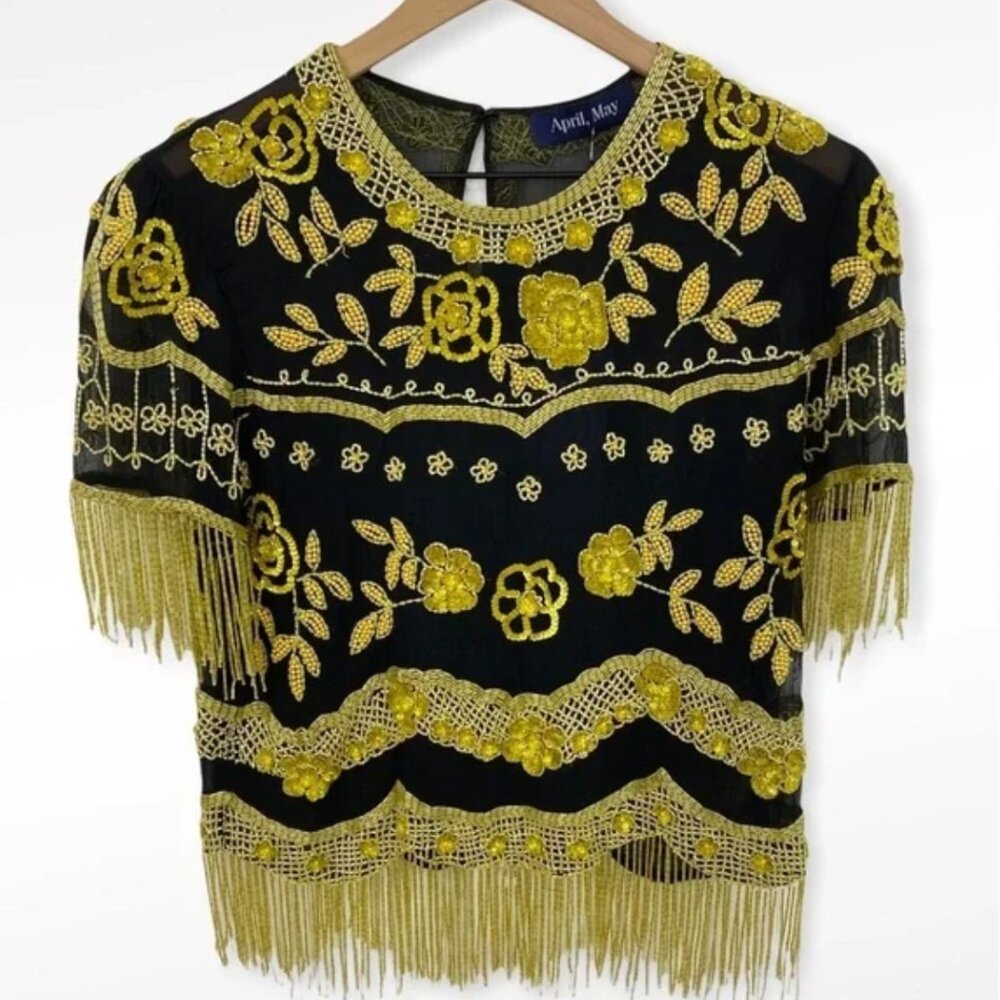 *Stunning* April, May Boho Vintage Beaded Fringe Top Sz Small